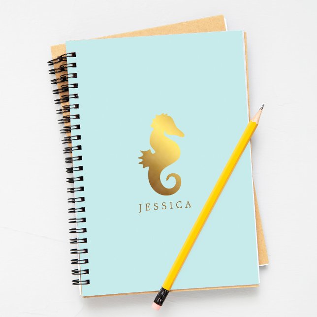Mint and Faux Gold Foil Seahorse Personalised Notebook (Creator Uploaded)