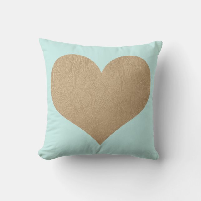 mint and faux gold leather heart cushion (Front)