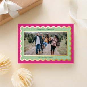 Mint and Fuchsia Pink Preppy Scallop Photo Frame Foil Holiday Card