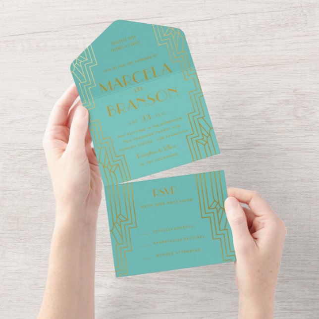 Mint and Gold Art Deco Wedding All In One Invitation (Tearaway)