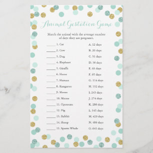 Mint and Gold Baby Shower Animal Gestation Game