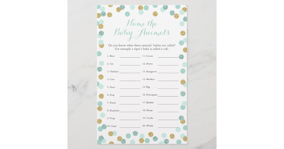 Mint And Gold Baby Shower Baby Animal Name Game Zazzle Co Uk Mint And Gold Baby Shower Baby Animal Name Game Zazzle Co Uk