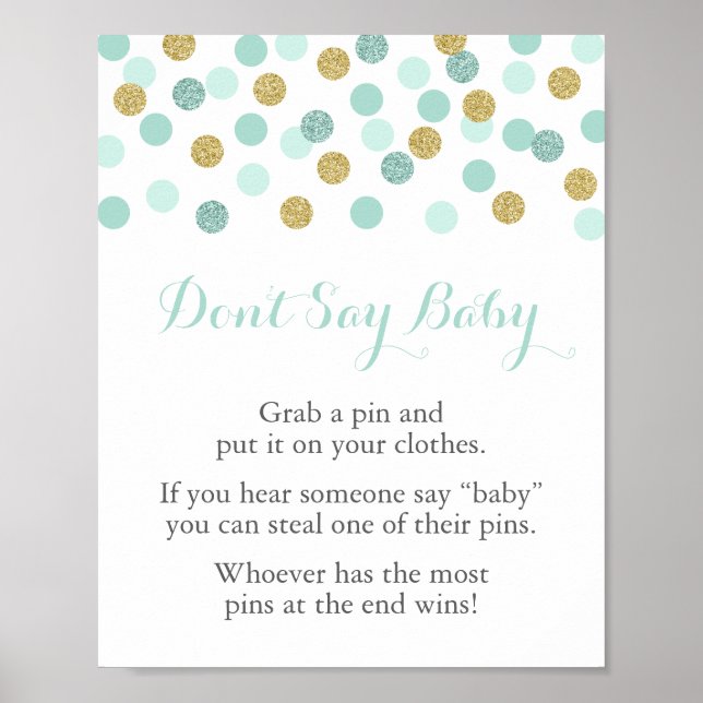 Mint and Gold Baby Shower Don't Say Baby Game Sign (Front)