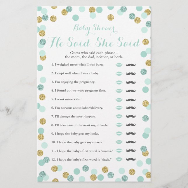 Mint and Gold Baby Shower He Said She Said Game (Front)