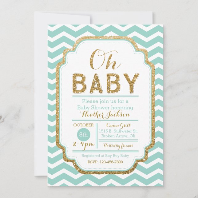 Mint And Gold Baby Shower Invitation Chevron (Front)