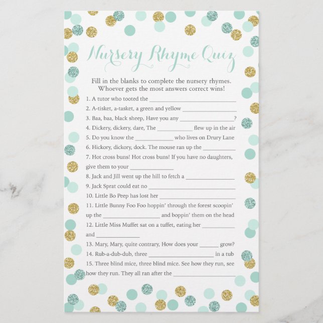 Mint and Gold Baby Shower Nursery Rhyme Quiz (Front)