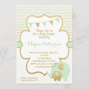 Mint and Gold Elephant Baby Shower Invitation