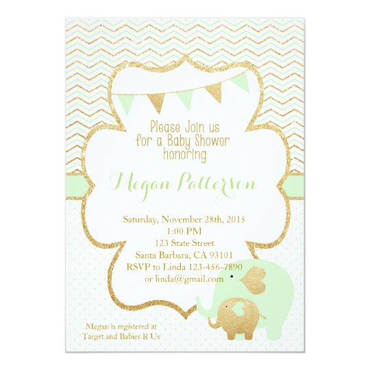 Mint and Gold Elephant Baby Shower Invitation