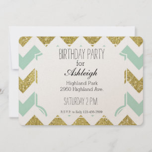 Mint and Gold Faux Glitter Chevron birthday Invitation