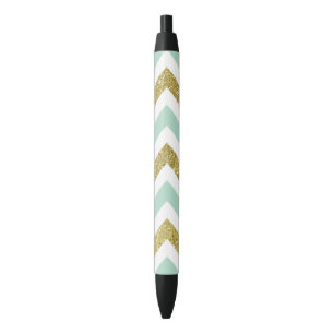 Mint and Gold Faux Glitter Chevron Black Ink Pen