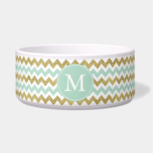 Mint and Gold Faux Glitter Chevron Monogram (Front)