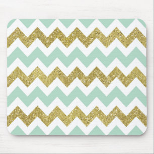 Mint and Gold Faux Glitter Chevron Mouse Mat