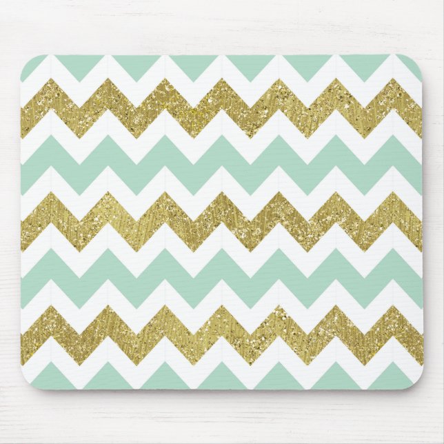 Mint and Gold Faux Glitter Chevron Mouse Mat (Front)