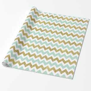 Mint and Gold Faux Glitter Chevron Wrapping Paper