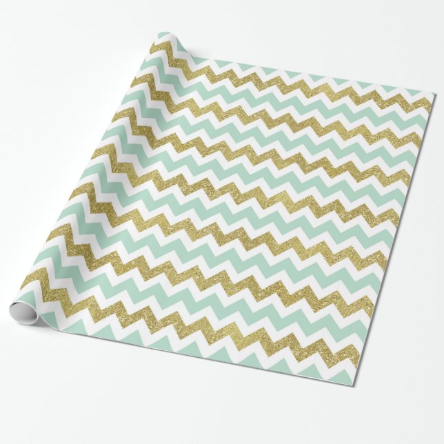 Mint and Gold Faux Glitter Chevron Wrapping Paper (Unrolled)