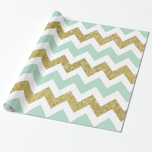 Mint and Gold Faux Glitter Chevron Wrapping Paper (Unrolled)