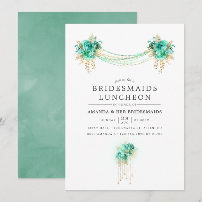Mint and Gold Floral Lights Bridesmaids Luncheon Invitation (Front/Back)