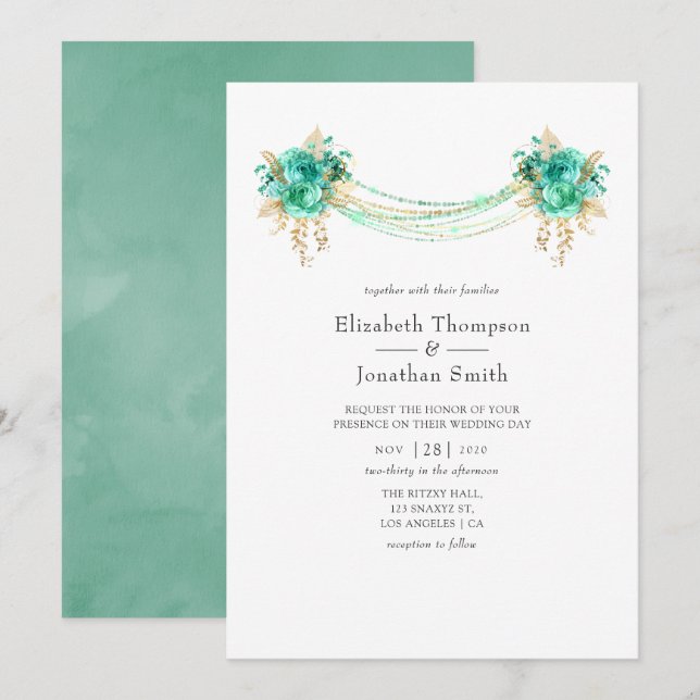 Mint and Gold Floral Lights Wedding Invitation (Front/Back)