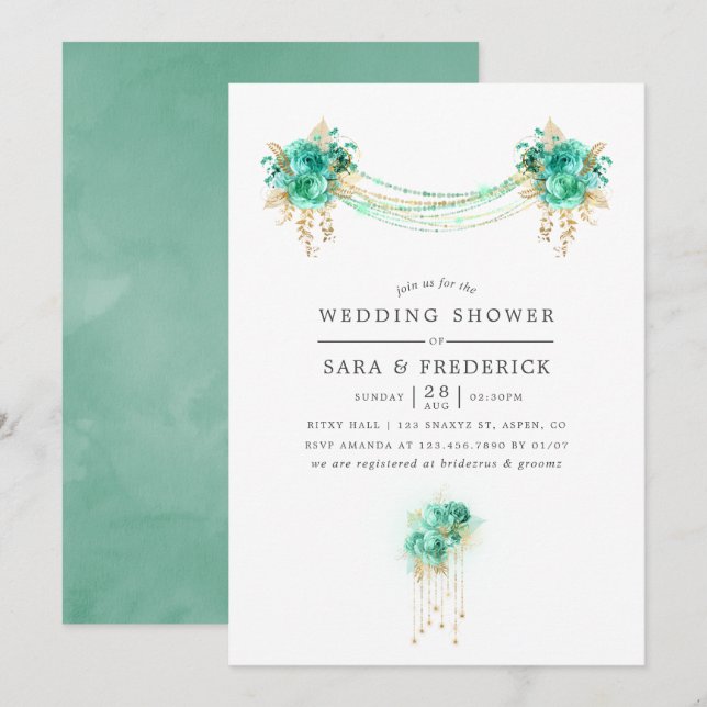 Mint and Gold Floral Lights Wedding Shower invite (Front/Back)