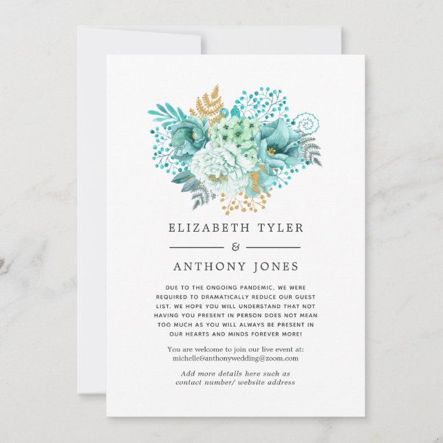 Mint and Gold Floral Reduced Wedding Guest List Announcement (Front)