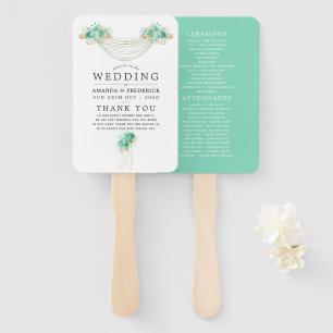 Mint and Gold Floral String Lights Wedding Program Hand Fan