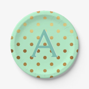 Mint and Gold Foil Polka Dots Monogram Birthday Paper Plate
