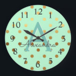 Mint and Gold Foil Polka Dots Monogram Name Large Clock<br><div class="desc">Mint and Gold Foil Polka Dots Monogram Name and Initial Serving Wall Clock. The Wall Clock makes the perfect gift for someone who loves Mint and Gold Foil Polka Dots.</div>