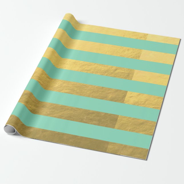 Mint and Gold Foil Stripes Printed Wrapping Paper (Unrolled)