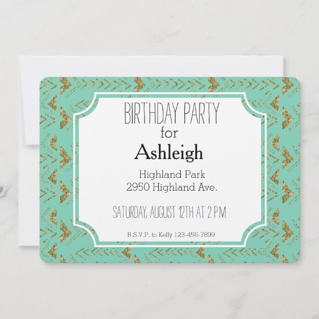 Mint and Gold Glam Arrows birthday Invitation (Front)