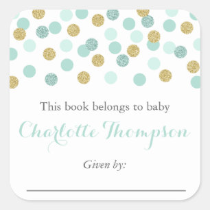 Mint and Gold Glitter Baby Bookplate Sticker Label