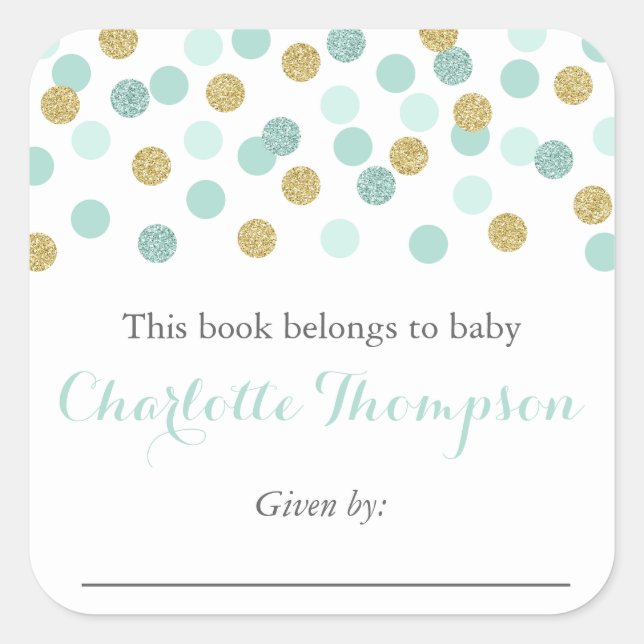 Mint and Gold Glitter Baby Bookplate Sticker Label (Front)