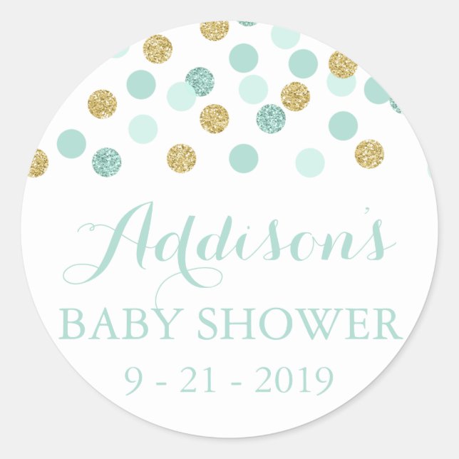 Mint and Gold Glitter Baby Shower Circle Stickers (Front)