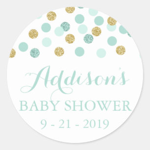 Mint and Gold Glitter Baby Shower Circle Stickers