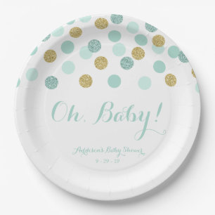 Mint and Gold Glitter Baby Shower Paper Plates