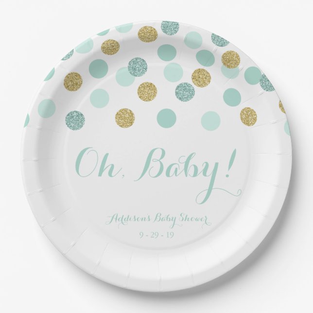 Mint and Gold Glitter Baby Shower Paper Plates (Front)