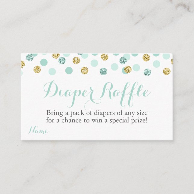 Mint and Gold Glitter Diaper Raffle Ticket Cards (Front)