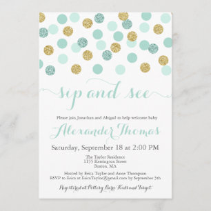 Mint and Gold Glitter Sip and See Invitations