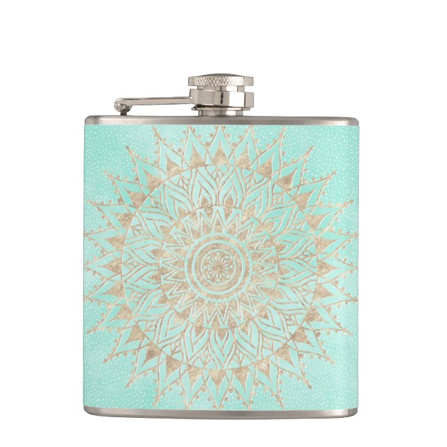 Mint and gold mandala hip flask (Front)