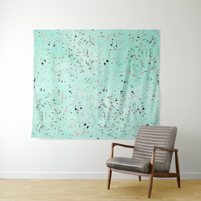 Mint and gold marble terrazzo design Confetti Tapestry (In Situ (Horizontal))