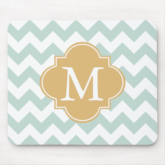 Mint and Gold Modern Chevron Custom Monogram Mouse Mat (Front)