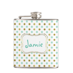 Mint and Gold Polka Dot Custom Flask