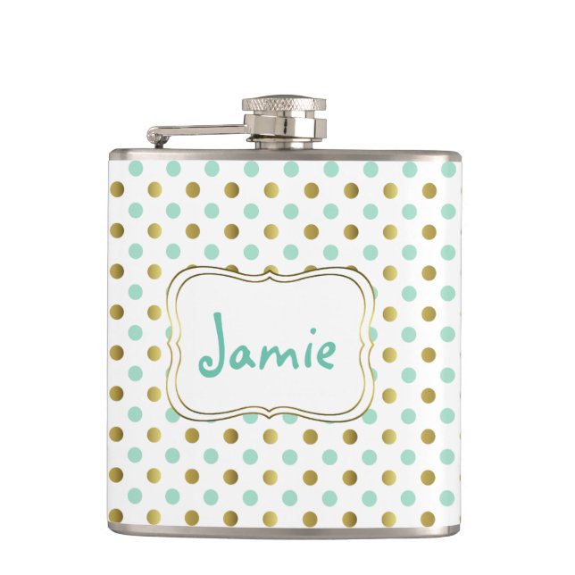 Mint and Gold Polka Dot Custom Flask (Front)