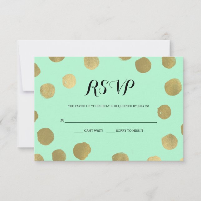 Mint and Gold Polka Dot Wedding RSVP card (Front)