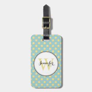 Mint and Gold Polka Dots Pattern Monogram Luggage Tag