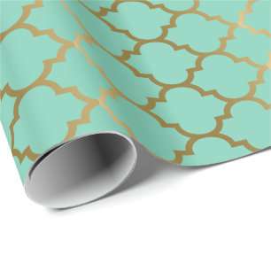 Mint And Gold Tones Quatrefoil Pattern Wrapping Paper