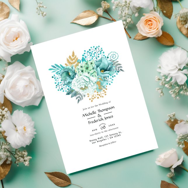 Mint and Gold Watercolor Floral Wedding Invitation (Creator Uploaded)