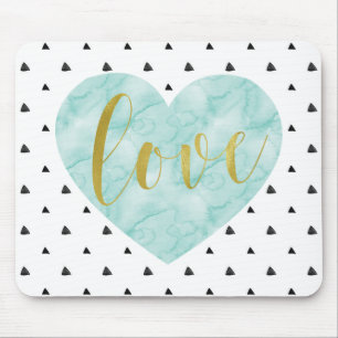 Mint and Gold Watercolor "Love" Mouse Mat