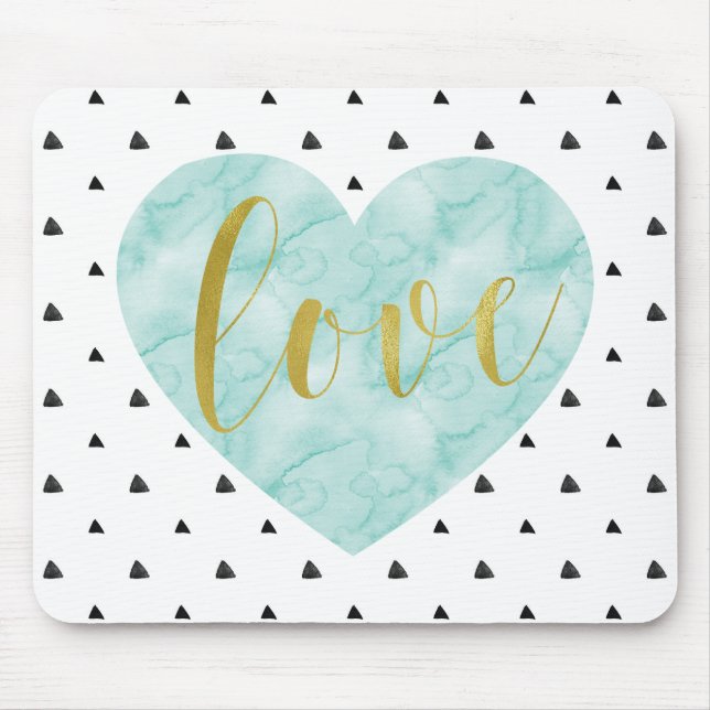 Mint and Gold Watercolor "Love" Mouse Mat (Front)