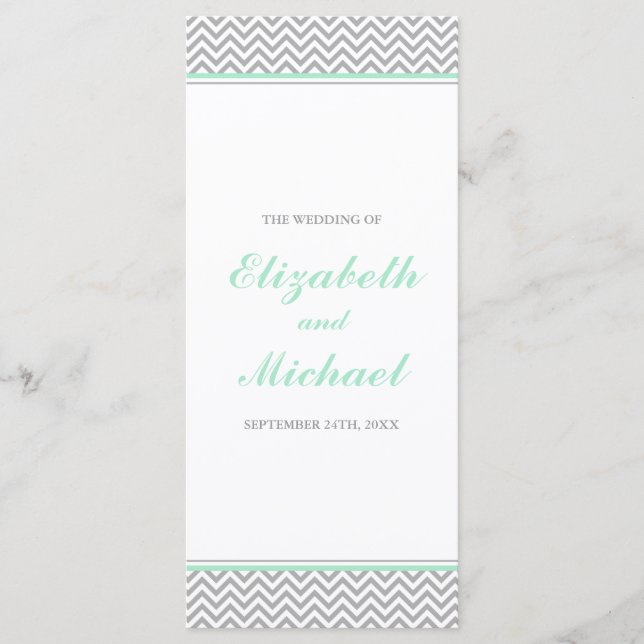 Mint and Grey Chevron Wedding Program Programme (Front)