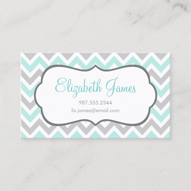 Mint and Grey Colourful Chevron Stripes Business Card (Front)